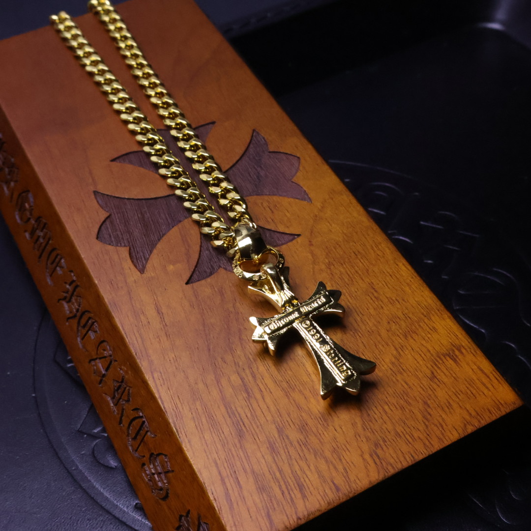 Chrome Hearts Diamond - Inlaid Cross Pendant Necklace - Gold - Tone Cuban Chain Jewelry CH - DCCP78