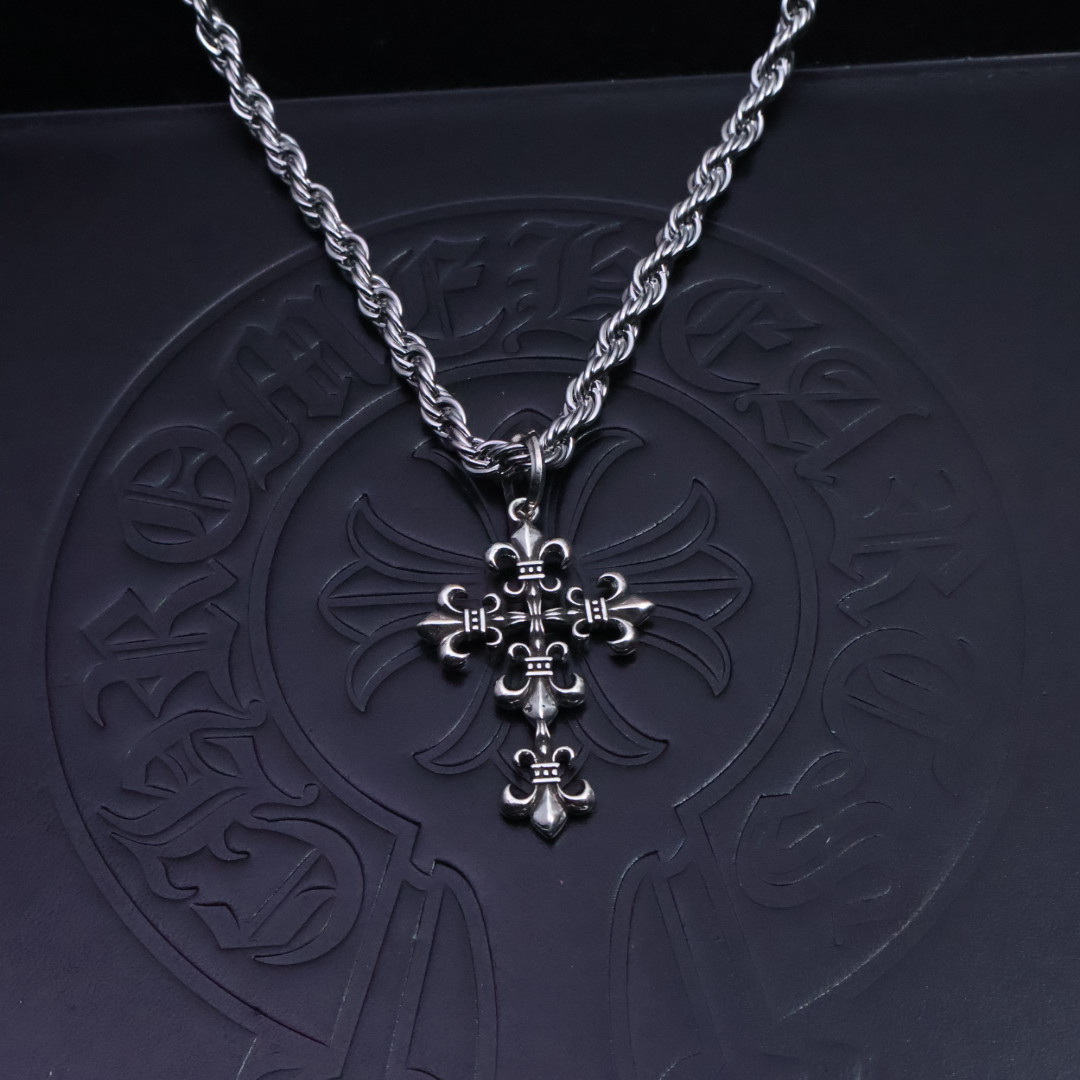 Chrome Hearts Fleur - de - Lis Cross Pendant Necklace - 925S Silver Rope - Chain Jewelry CH - FCCP75