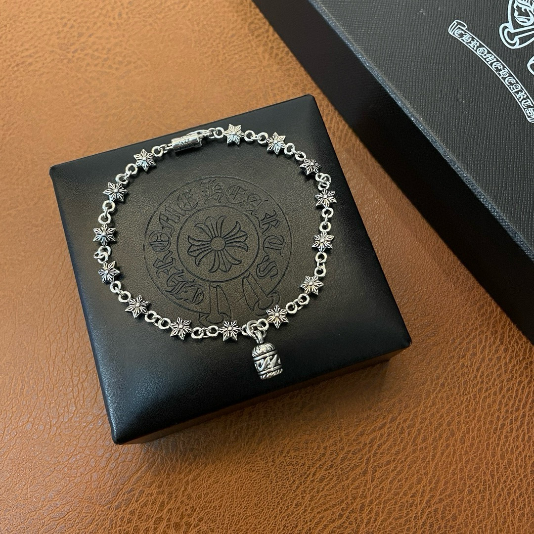 Chrome Hearts Sterling Silver Star - Motif Chain Bracelet with Engraved Bell Charm
