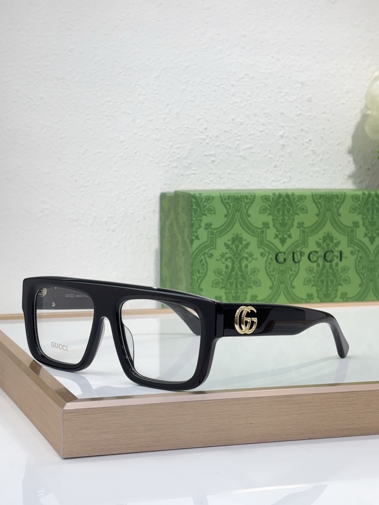 Gucci Square Tortoiseshell Acetate Optical Eyeglasses with Gold Double G - GG1135O