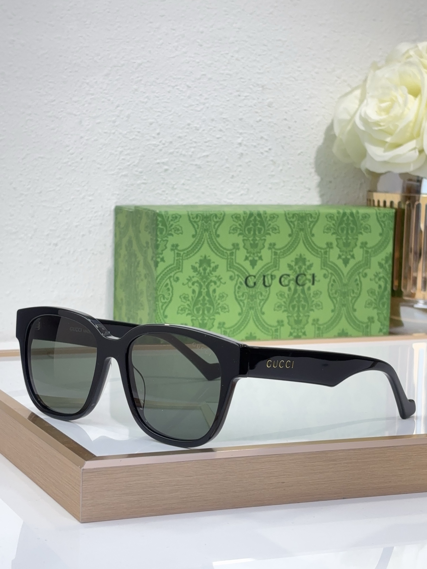 Gucci Square Acetate Sunglasses with Black Frame & Dark Green Lenses - GG1301S