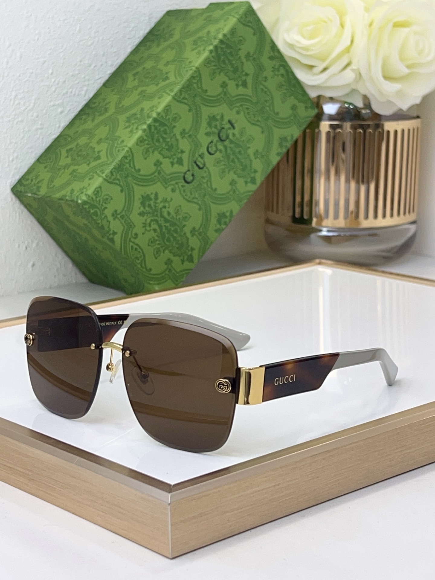 Gucci Square Semi - Rimless Sunglasses with Gold Accents, Black Acetate Temples & Gradient Gray Lenses - GG1281S