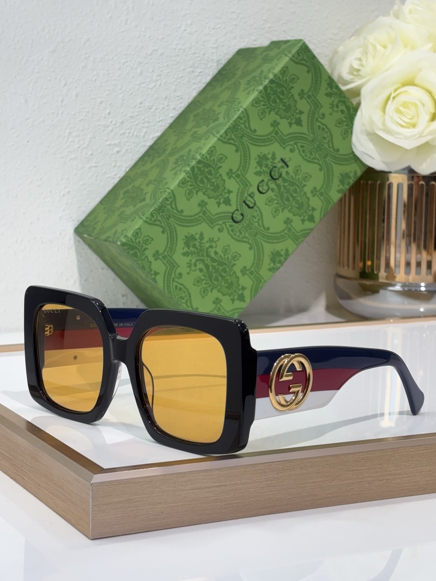 Gucci Square Acetate Sunglasses with Gold Double G Accents & Gray Lenses - GG1276S