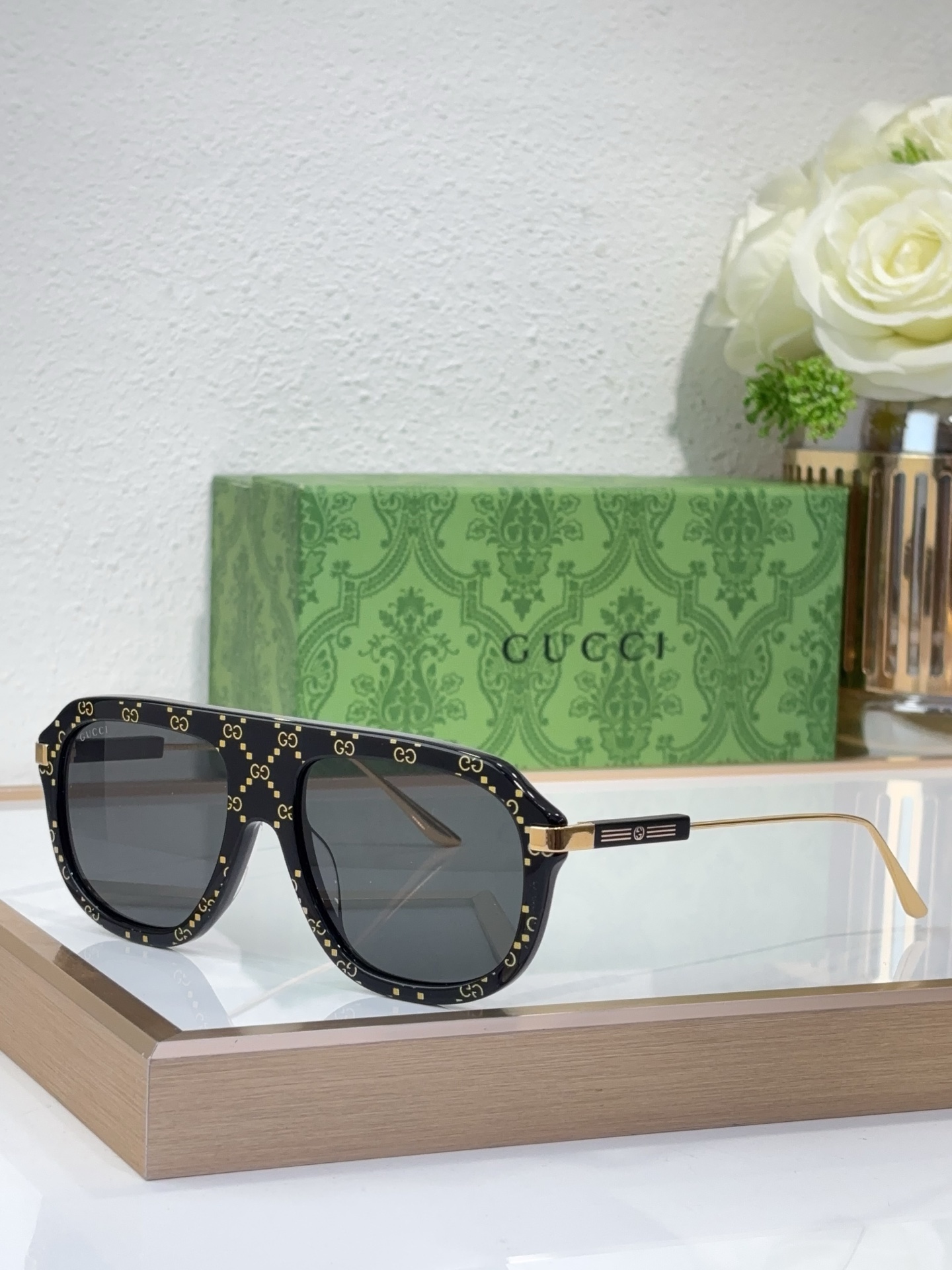 Gucci Aviator Sunglasses with Gold GG Monogram Print, Black Acetate Frame & Gray Lenses - GG1275S