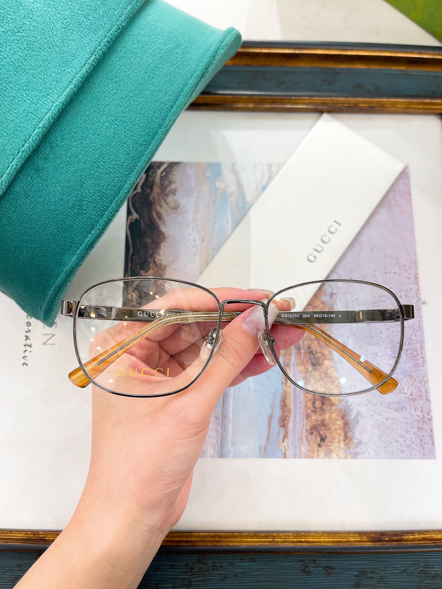 Gucci Square Metal Optical Eyeglasses with Gold Frame, Green - Brown Temples & Prescription Lenses - GG1266O