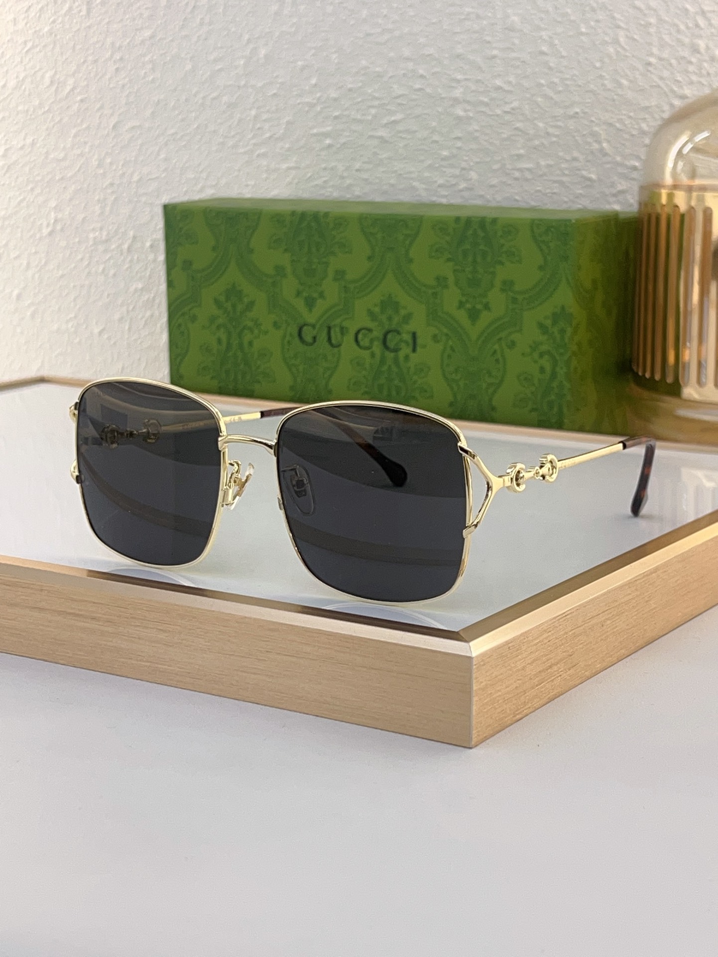 Gucci Square Acetate Sunglasses with Subtle Brand Detailing, Dark Gray Lenses & Black Frame - GG1245S