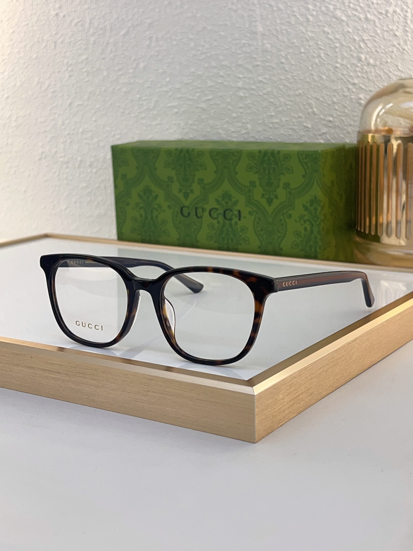 Gucci Square Acetate Optical Eyeglasses with Brown Gradient Frame, Web Stripe Temples & Prescription - Ready Lenses - GG1243O