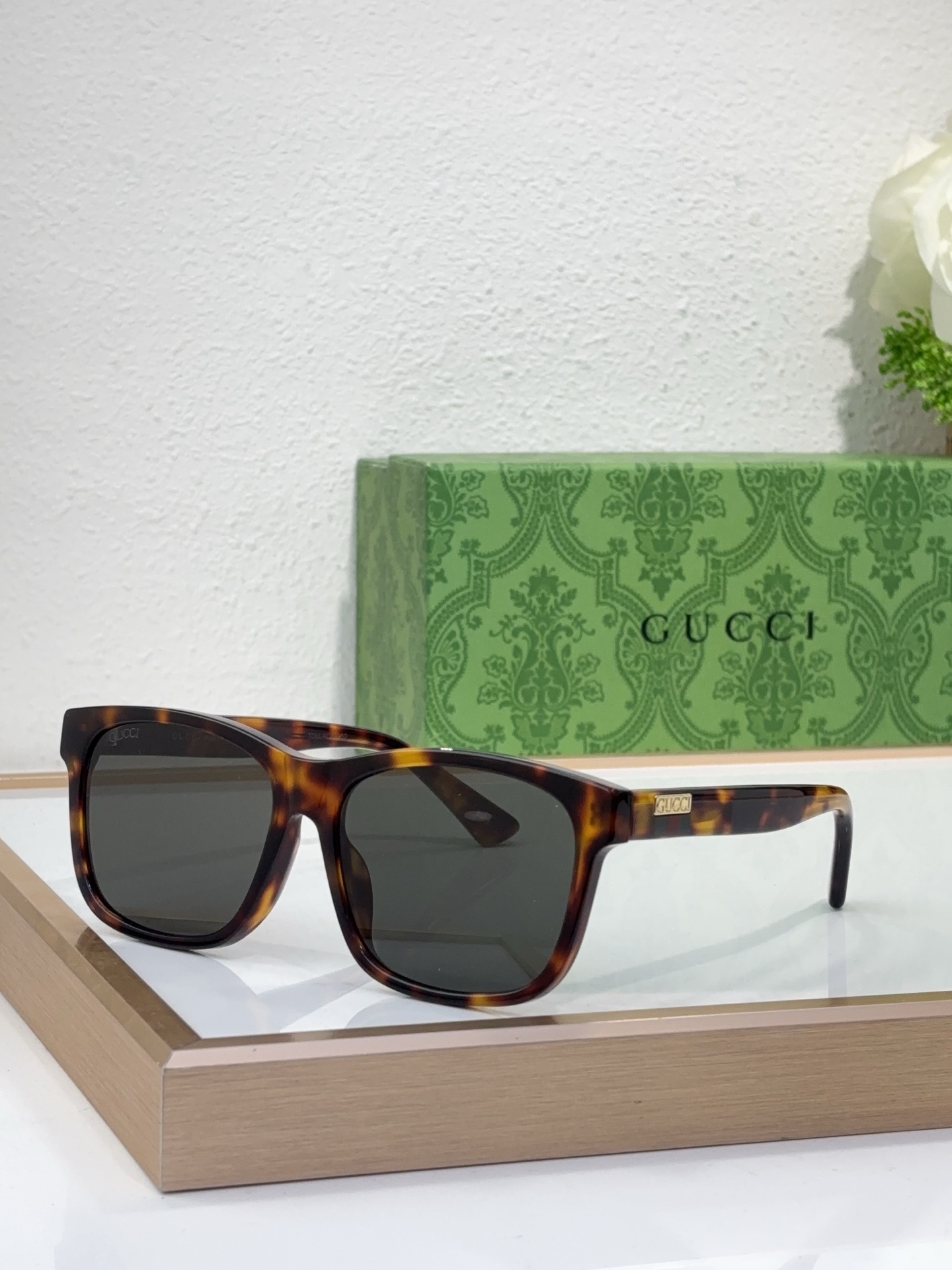 Gucci Square Acetate Sunglasses with Web Stripe Temples, Dark Gray Lenses & Black Frame - GG0744S