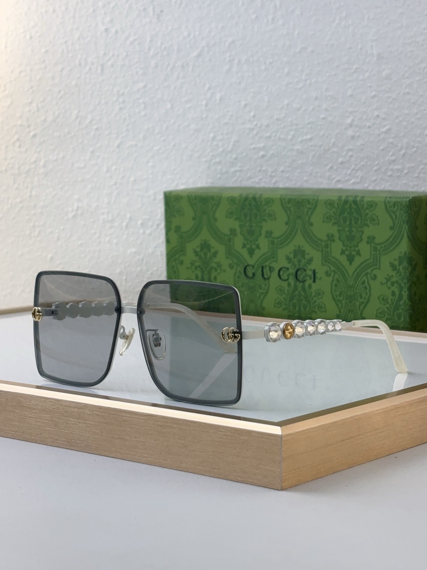 Gucci Square Semi - Rimless Sunglasses with Gradient Brown Lenses, Crystal - Embellished Temples & Double G Accents - GG1005S