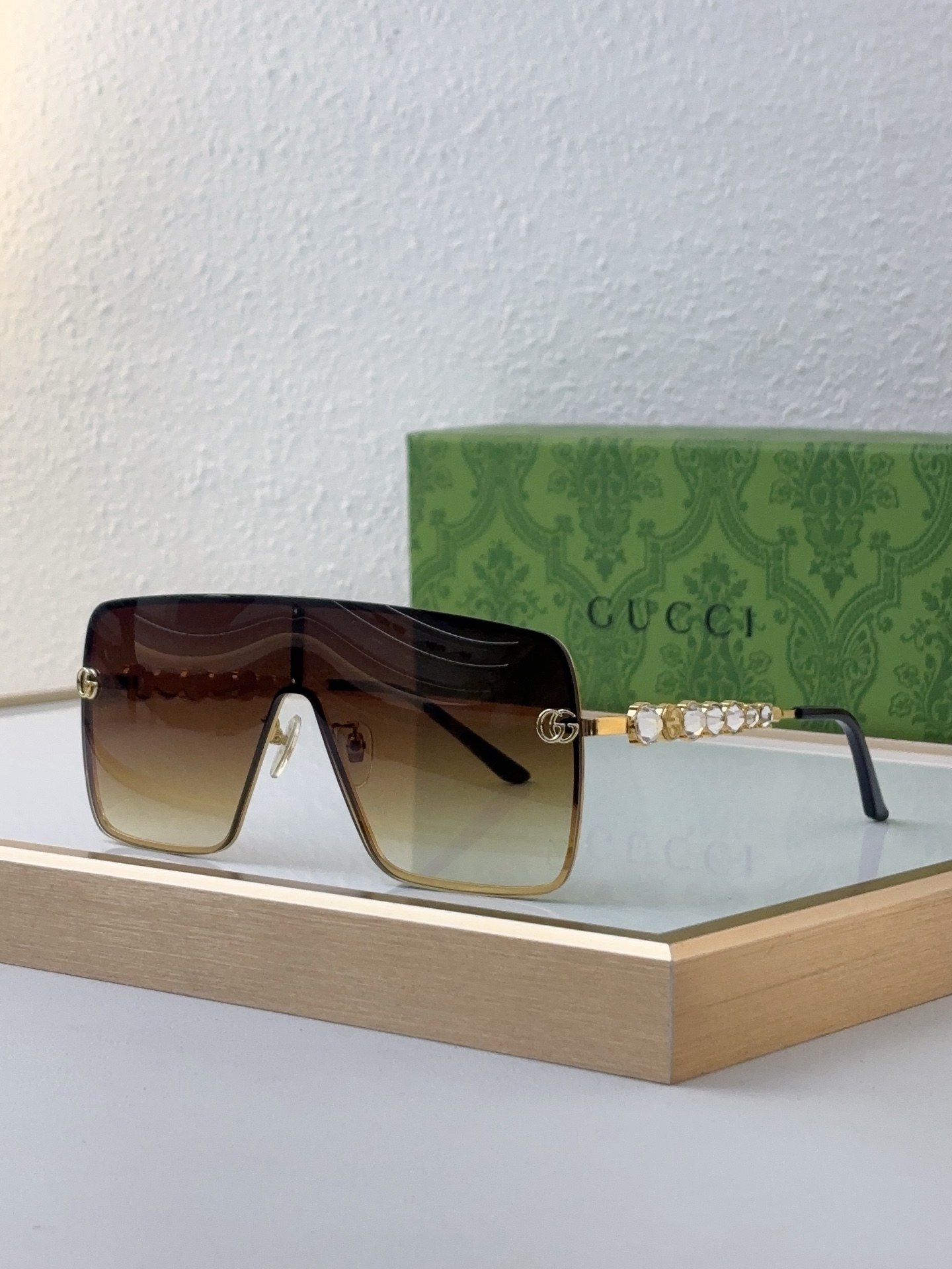 Gucci Shield - Shaped Metal Sunglasses with Brown Lenses, Crystal - Embellished Temples & Double G Accents - GG1004S