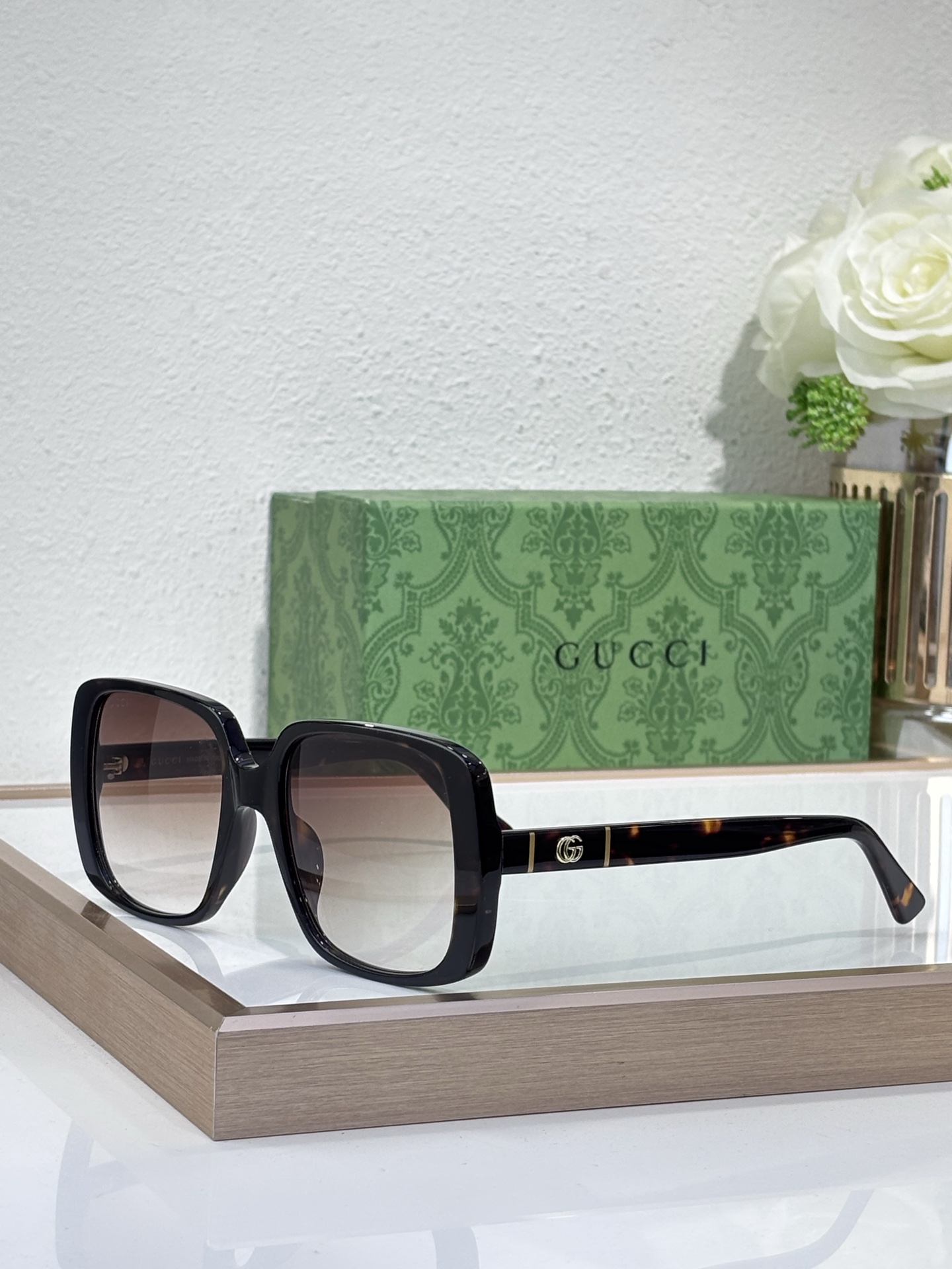 Gucci Square Acetate Sunglasses with Gold Double G Accents, Black Frame & Dark Gray Lenses - GG1239S