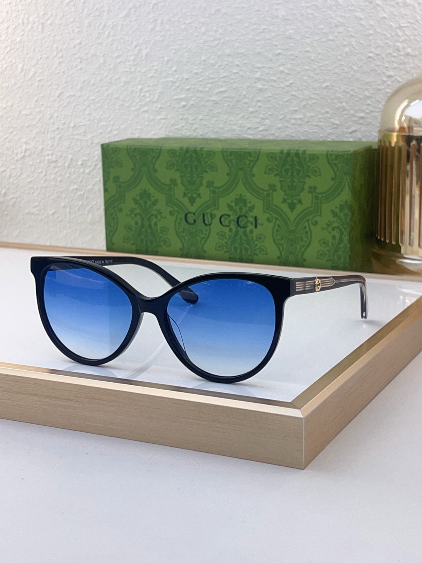 Gucci Cat - Eye Acetate Sunglasses with Gradient Blue Lenses, Black Frame & Gold Brand Accents - GG0888S