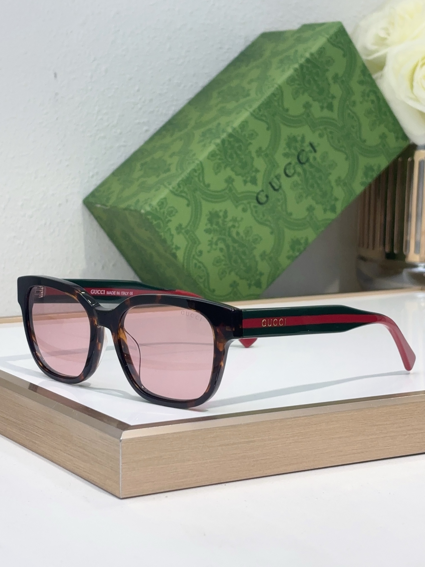 Gucci Square Acetate Sunglasses with Tortoiseshell Frame, Web Stripe Temples & Green Lenses - GG0742S