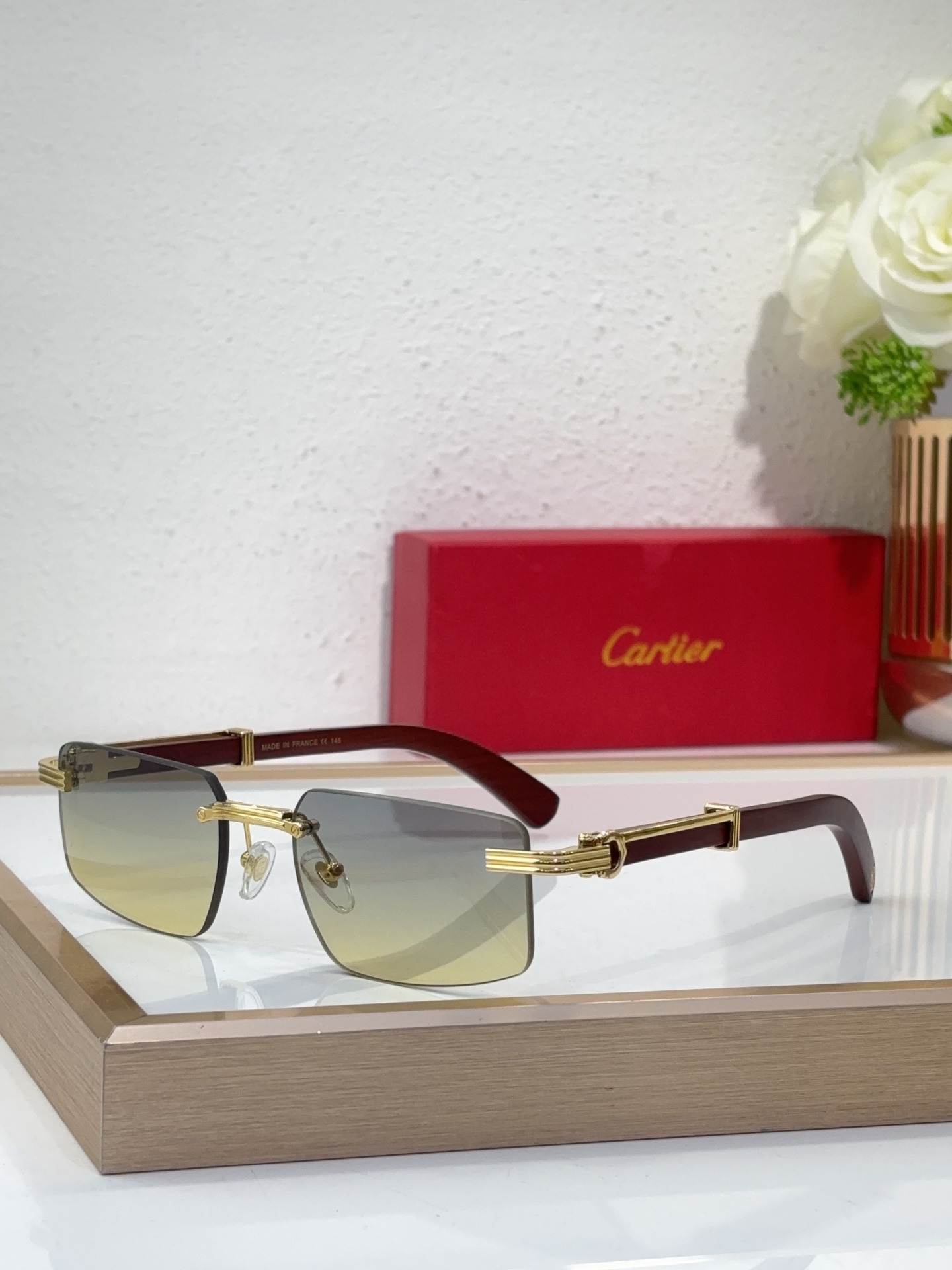 Cartier CT0678S Rimless Square Sunglasses with Gold - Tone Metal, Burgundy Accents
