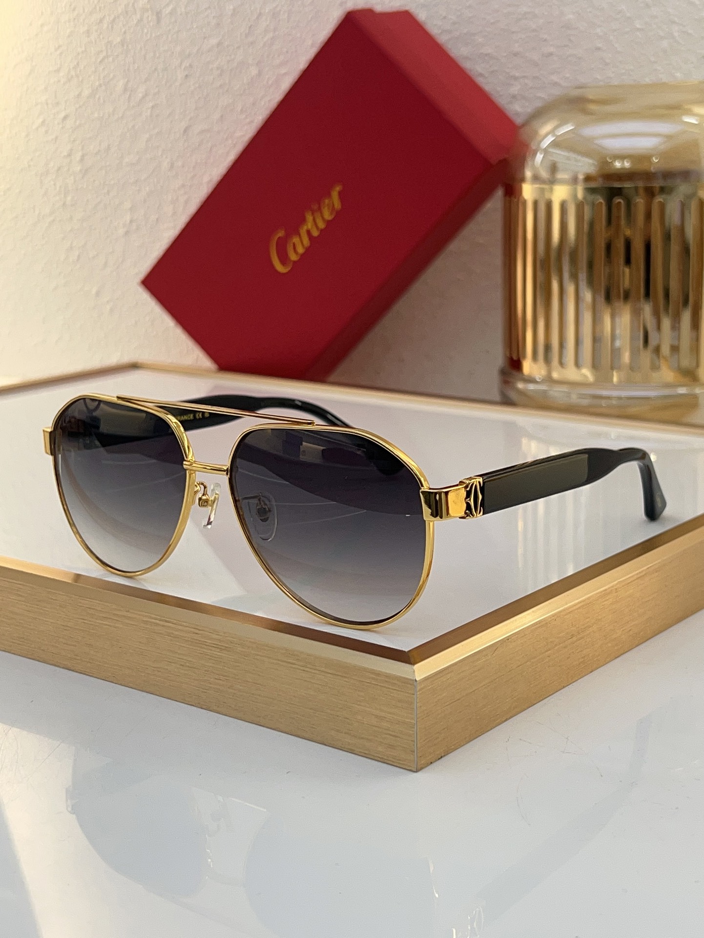 Cartier CT0676S Aviator Sunglasses with Gold - Tone Metal Frame, Black Acetate Temples