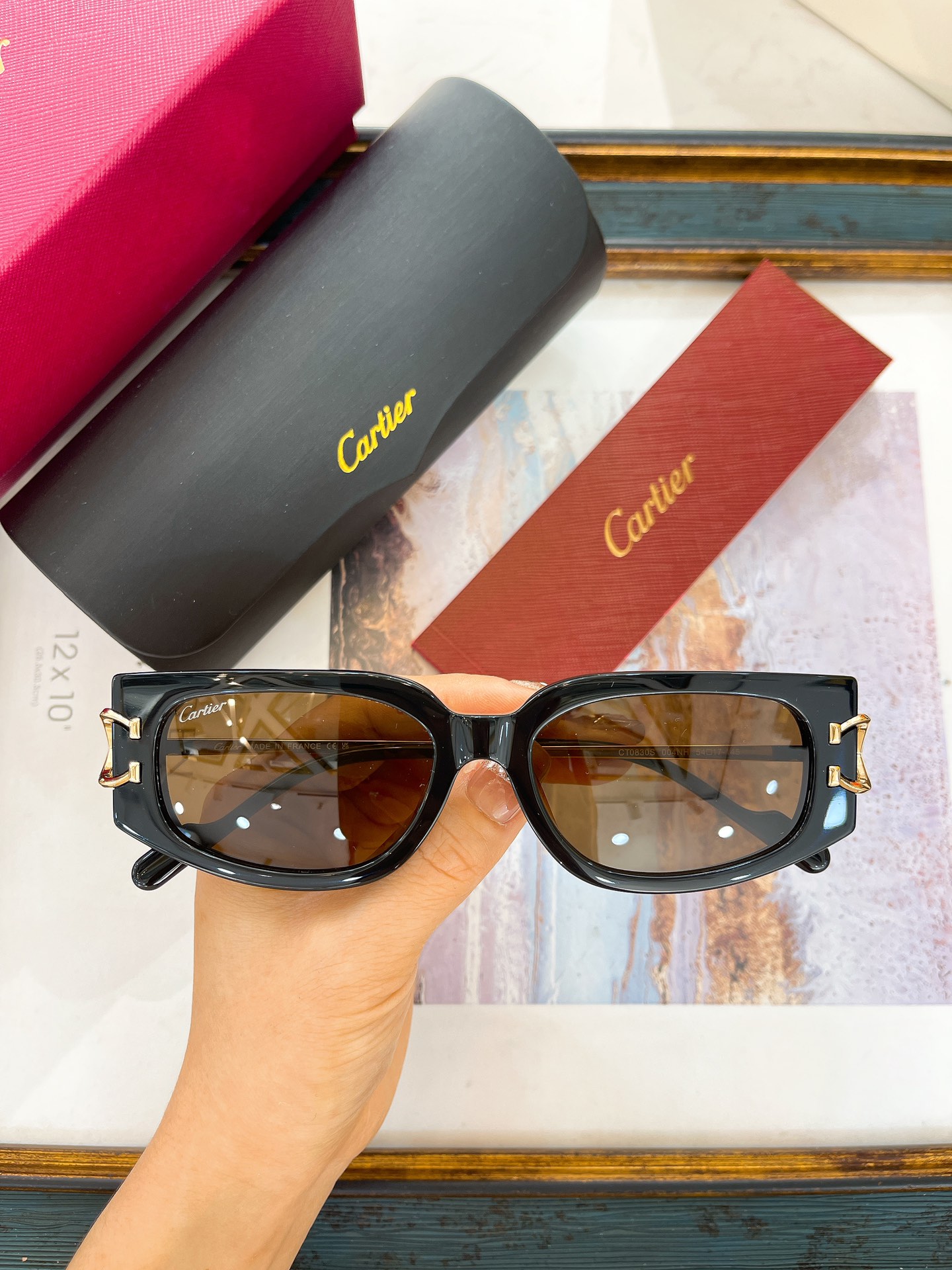 Cartier Rectangular Sunglasses with Black Acetate Frame, Gold Accents & Green Lenses