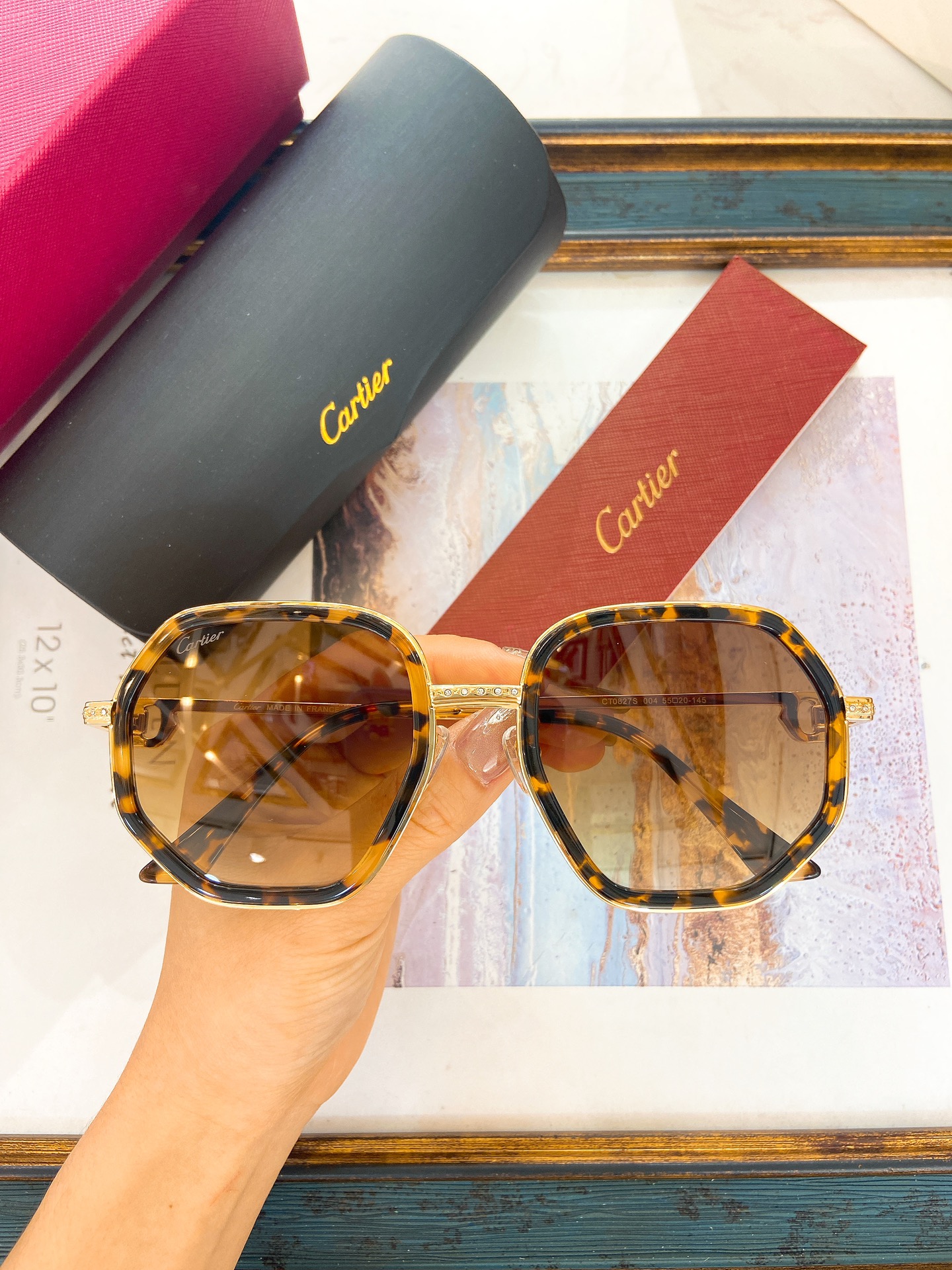 Cartier Square Sunglasses with Gold - Trimmed Green Acetate Frame & Dark Green Lenses