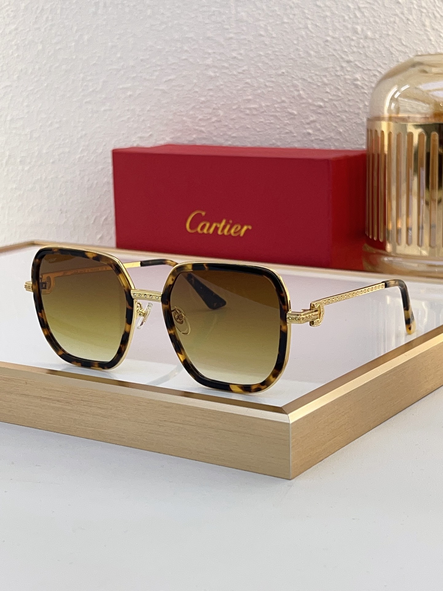 Cartier Square Sunglasses with Gold - Trimmed Green Acetate Frame & Dark Green Lenses