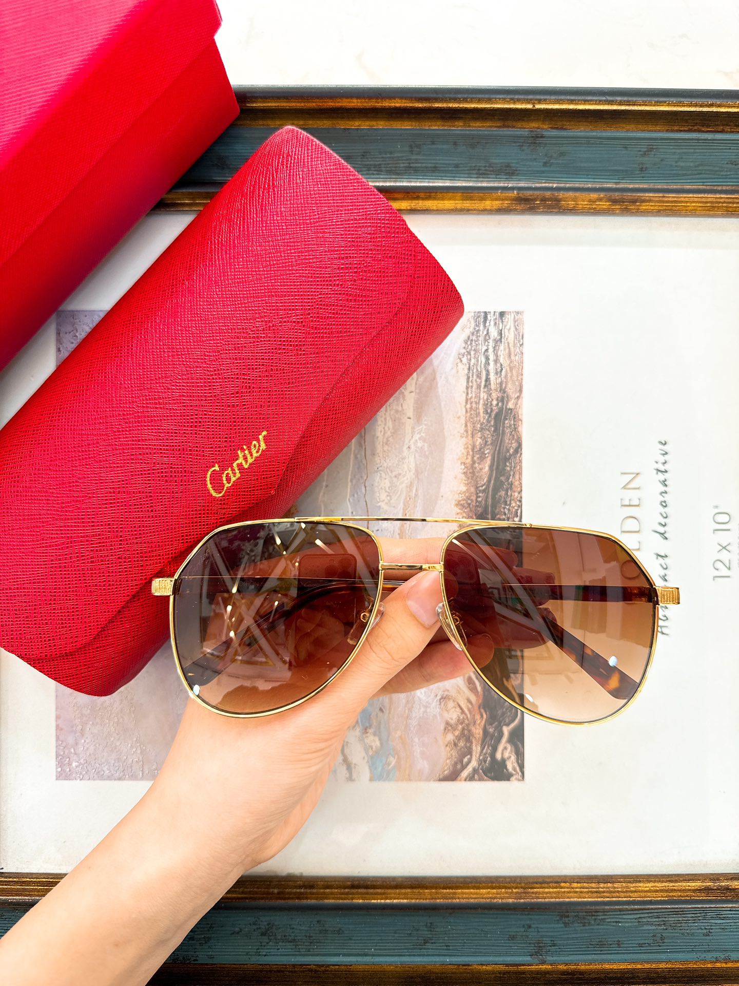 Cartier Aviator Sunglasses with Gold - Tone Double Bridge & Gradient Green Lenses