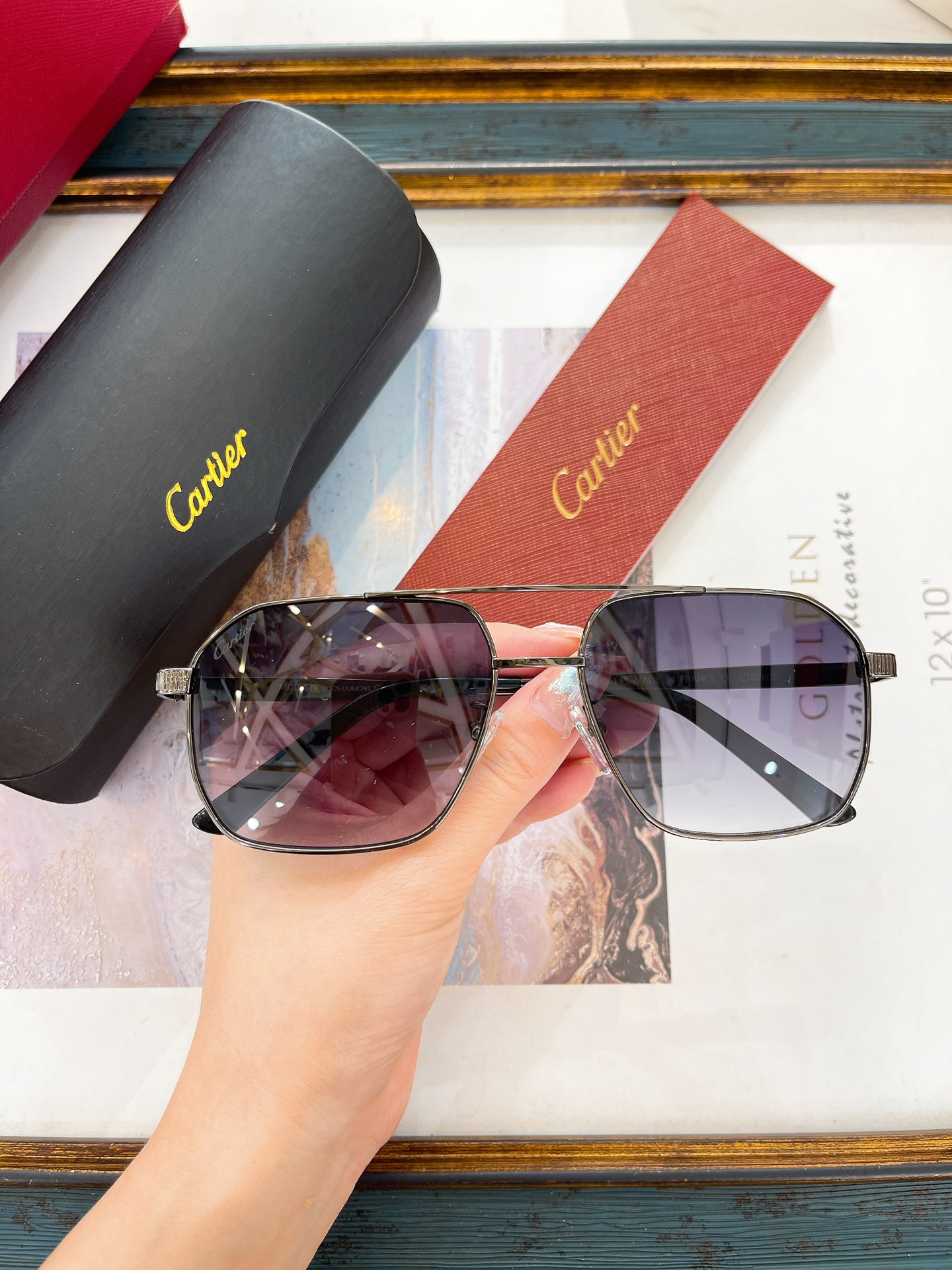 Cartier Double - Bridge Square Sunglasses with Gold - Tone Metal Frame & Gradient Gray Lenses