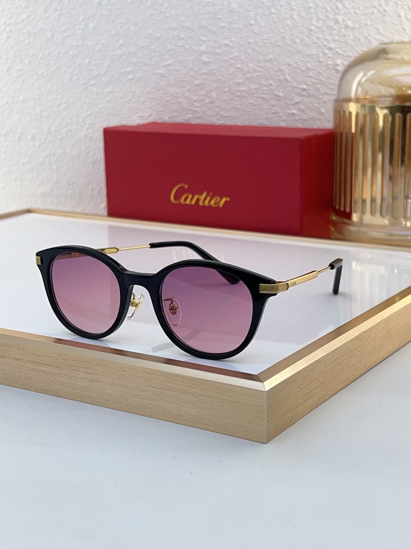 Cartier Round - Frame Sunglasses with Black Acetate Frame, Gold Accents & Gradient Pink - Purple Lenses