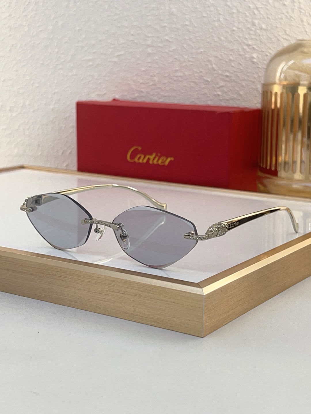Cartier Rimless Cat - Eye Sunglasses with Gold - Tone Frame, Amber Gradient Lenses & Crystal Accents
