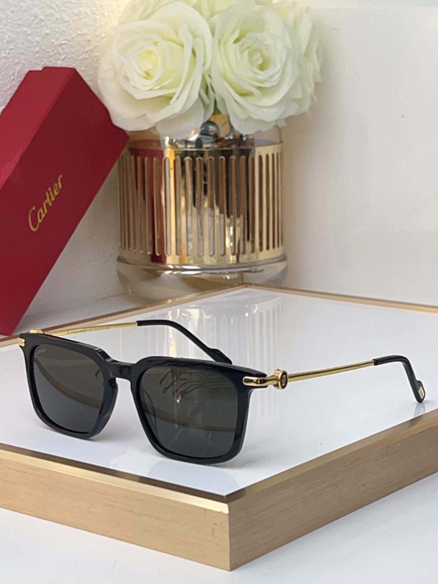Cartier CT0628S Square - Shaped Sunglasses with Tortoiseshell & Gold Accents