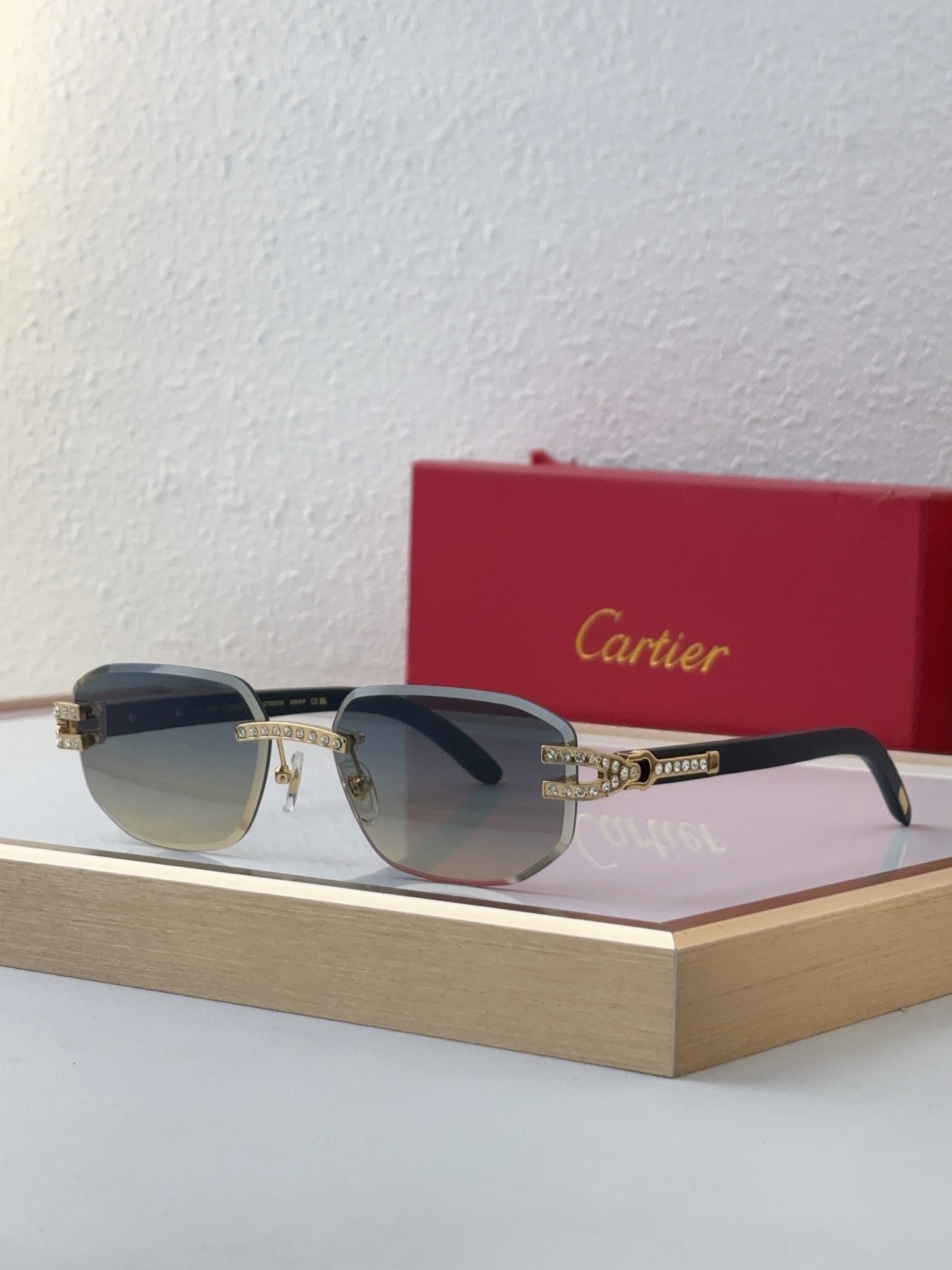 Cartier CT0079S Semi - Rimless Rectangular Sunglasses with Crystal Embellishments