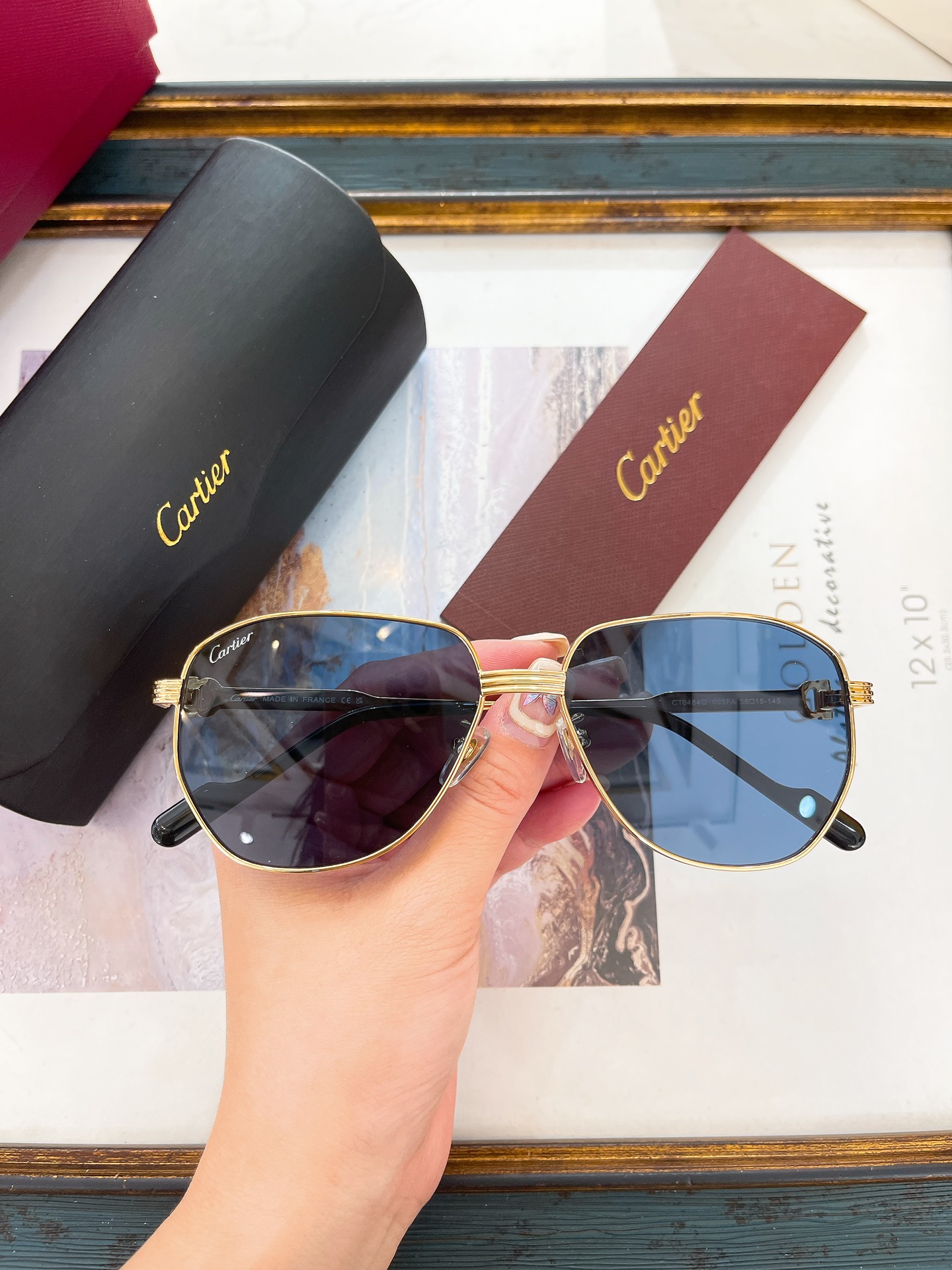 Cartier CT0445O Blue Lens Gold Navigator Sunglasses