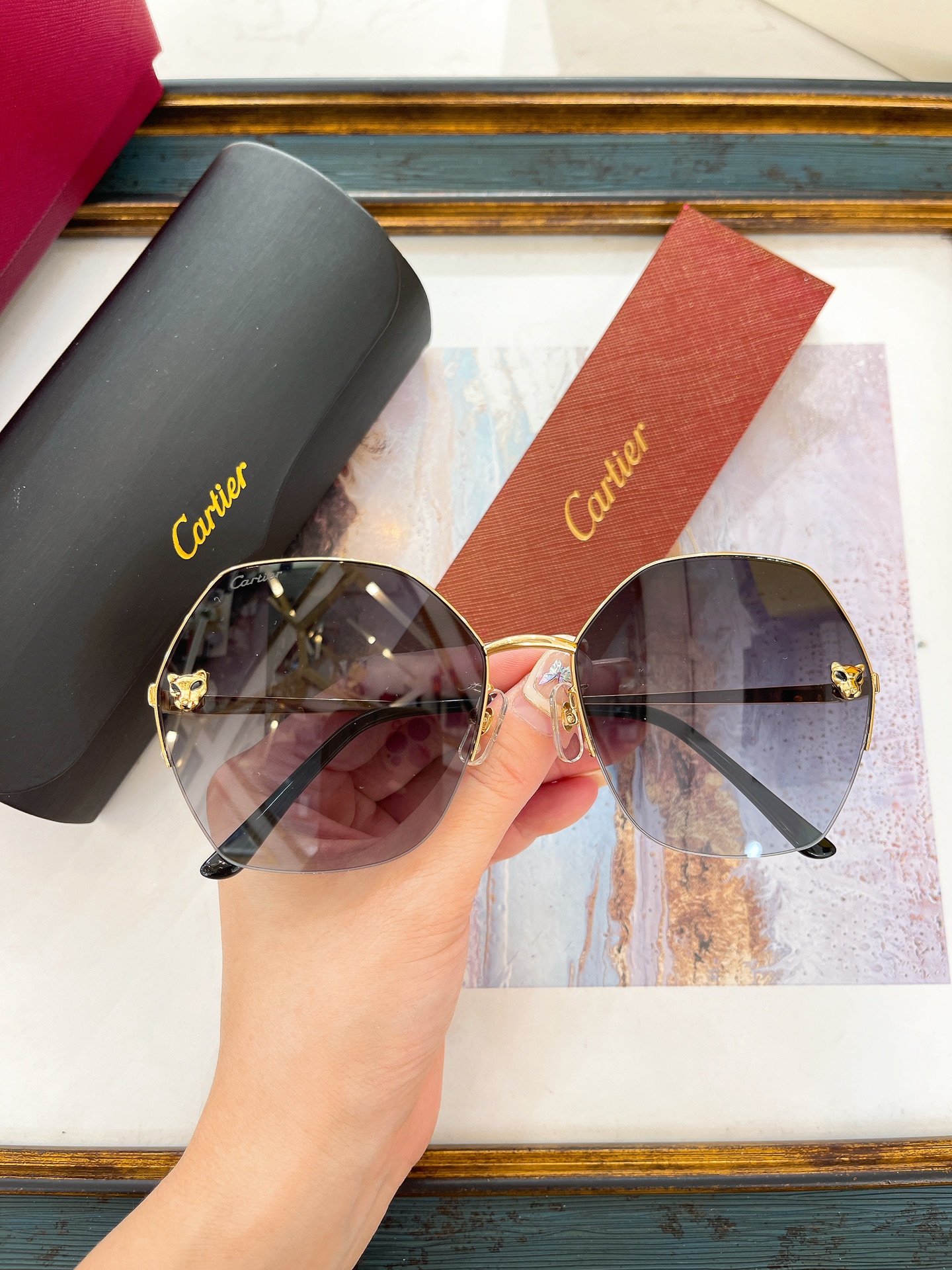 Cartier CT0332S Panther Décor Rimless Geometric Sunglasses