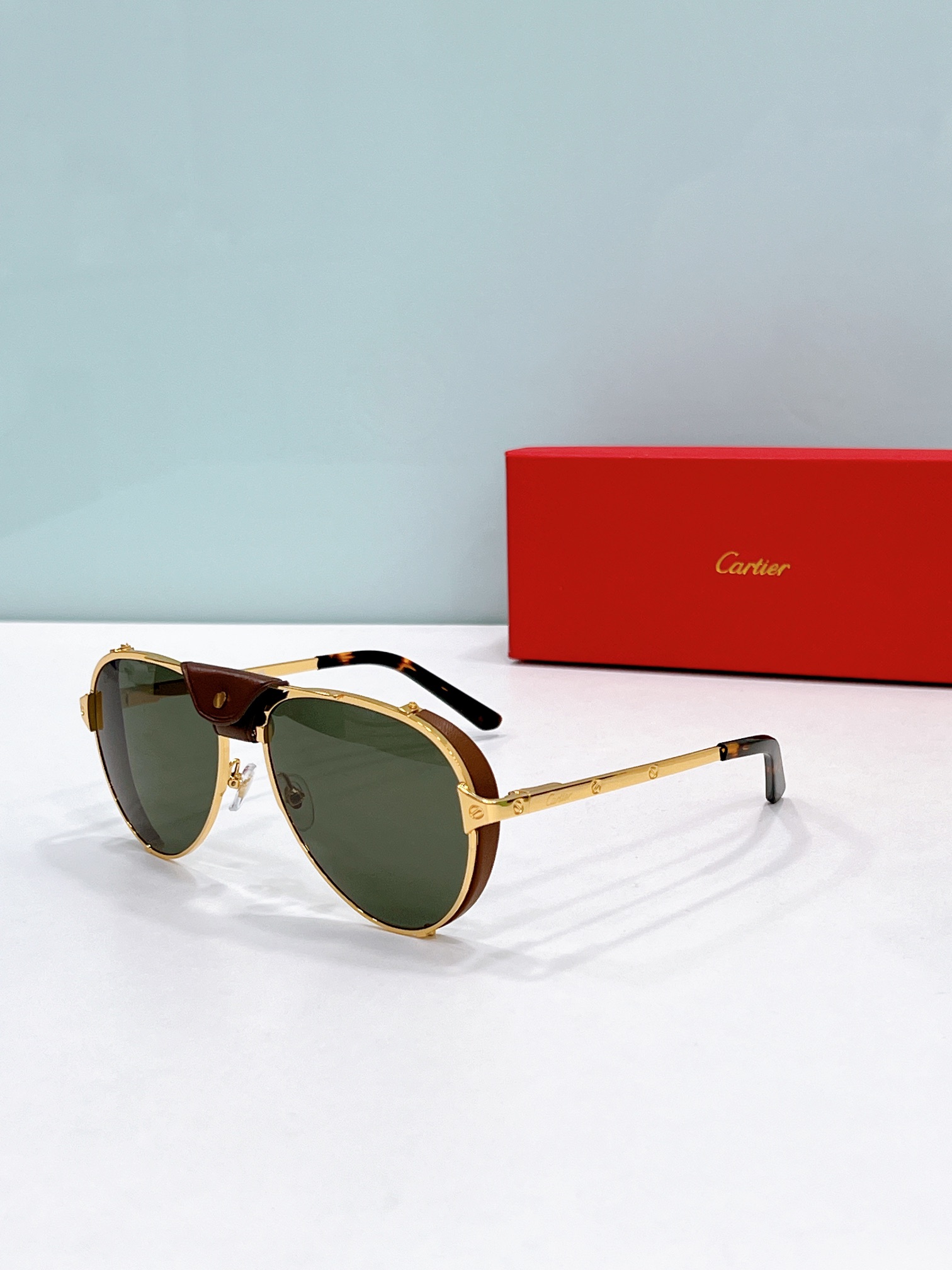 Cartier CT0296S Aviator Sunglasses with Leather Top Bar and Screw Detailing