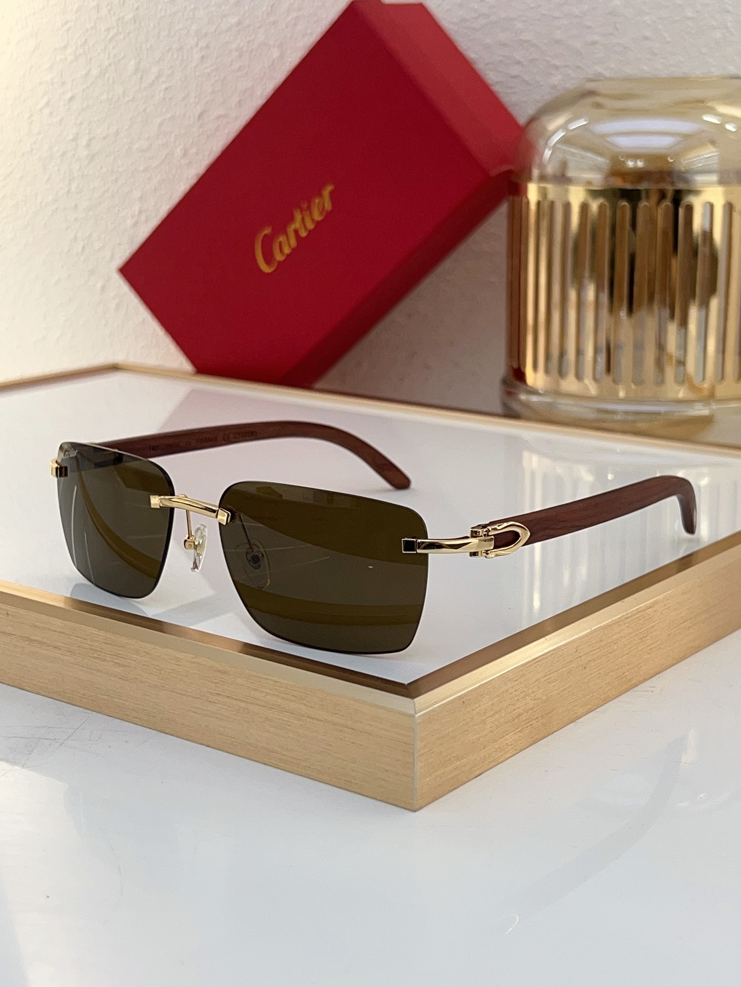 Cartier CT0228S Wood-Temple Rimless Sunglasses