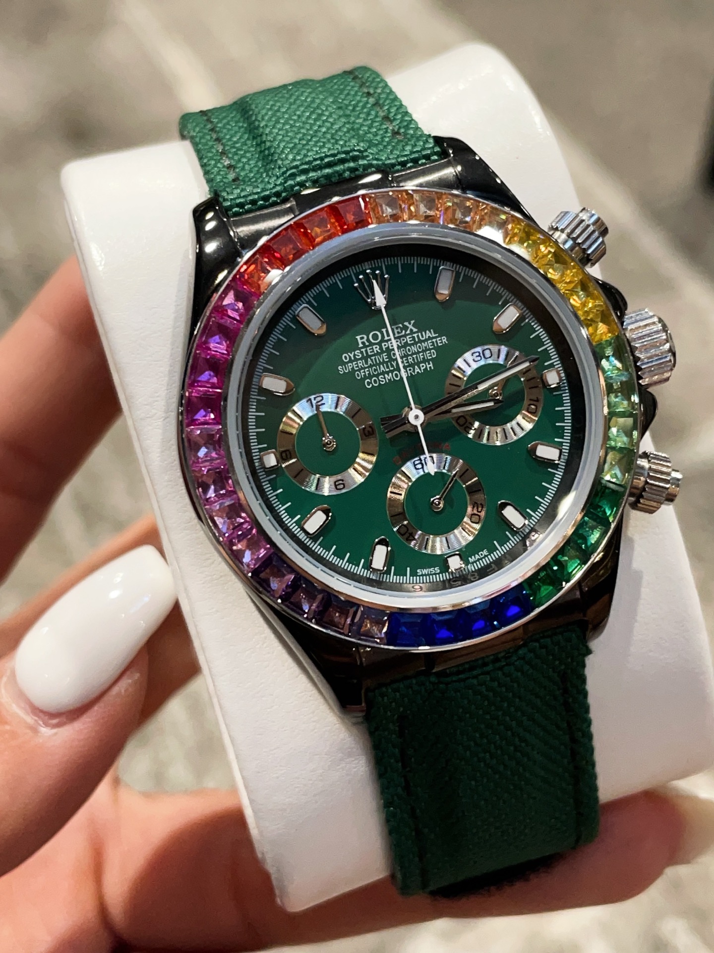 Rolex Cosmograph Daytona Rainbow 43mm Emerald Green Dial with Green Fabric Strap