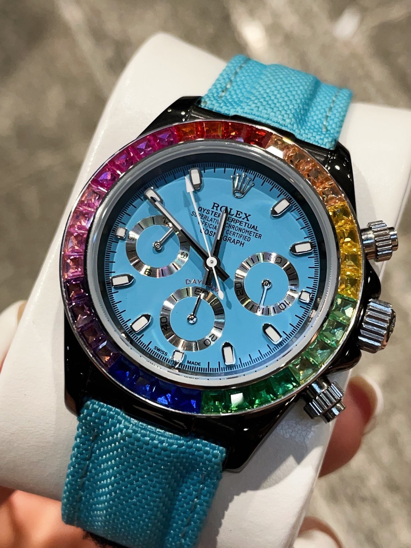 Rolex Cosmograph Daytona Rainbow 43mm Light Blue Dial with Blue Fabric Strap