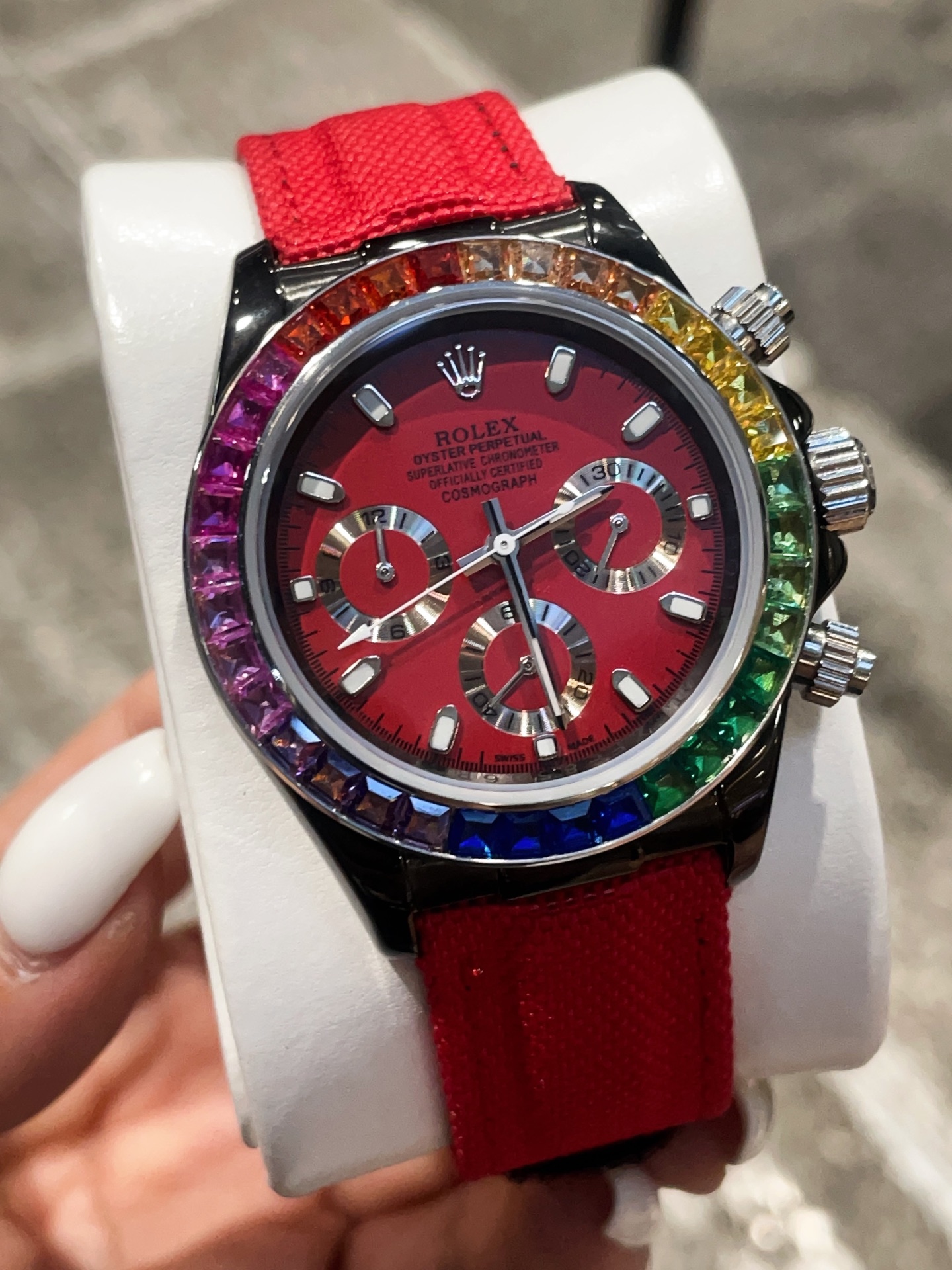 Rolex Cosmograph Daytona Rainbow 43mm Red Dial with Red Fabric Strap